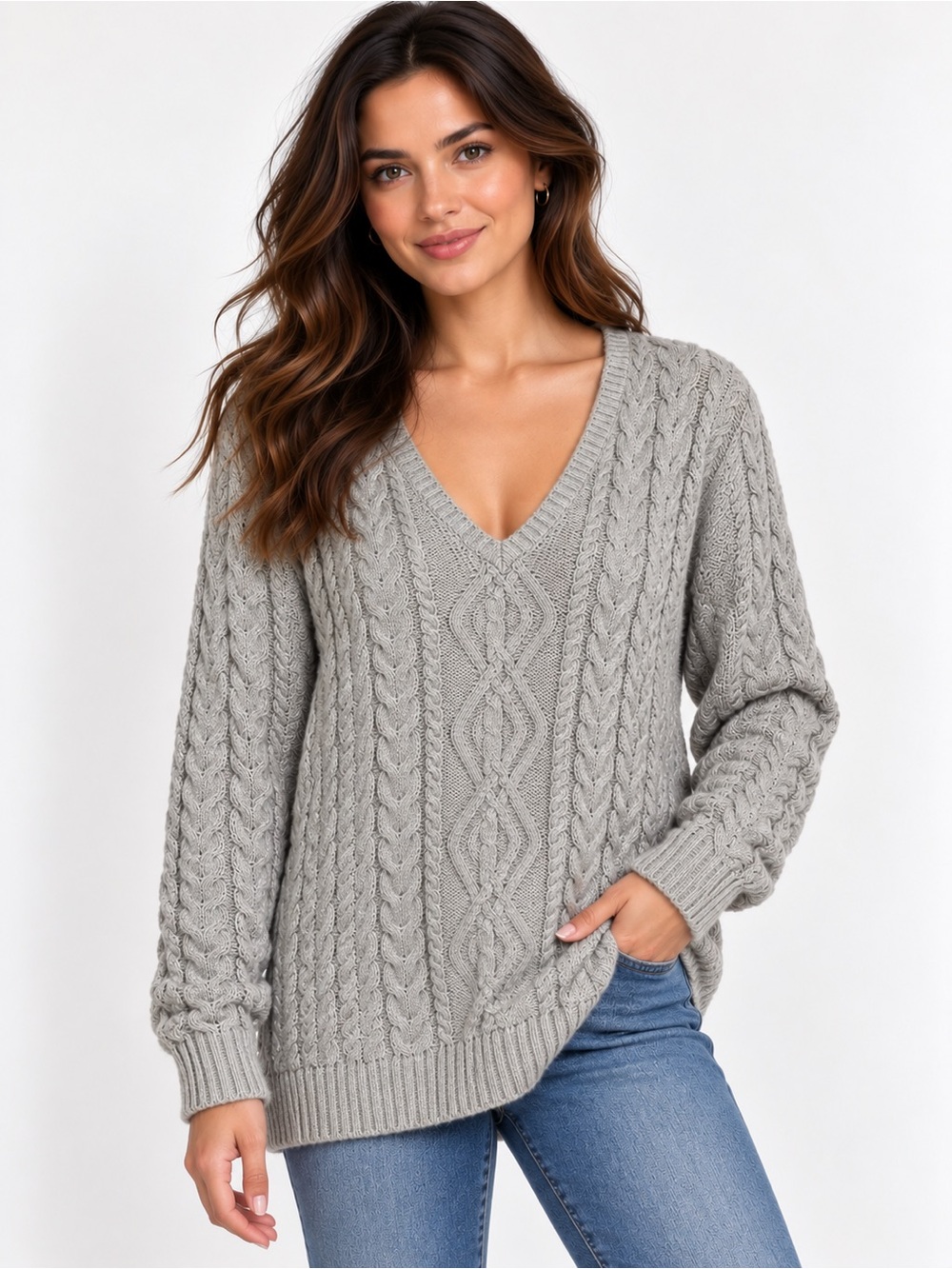 Lauren Ralph Lauren XL Silver Metallic Cable Knit V-Neck Sweater